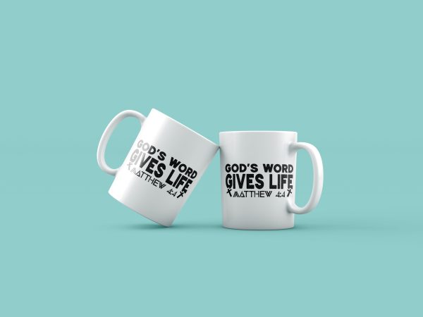 Cană cu mesaj crestin – GOD’S WORD GIVES LIFE. Matew 44