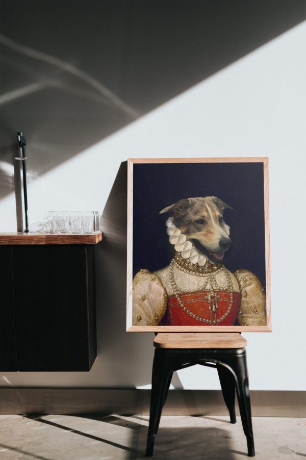 Tablou personalizat cu animalul tău de companie -Rochie roșie și guler renascentist