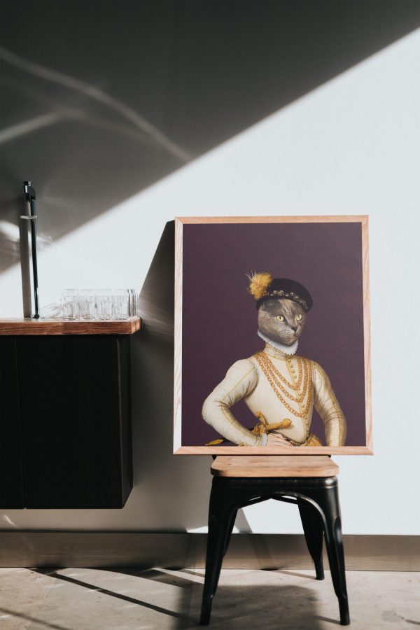 Tablou personalizat cu animalul tău de companie -  Pălărie, sabie și lanțuri aurii